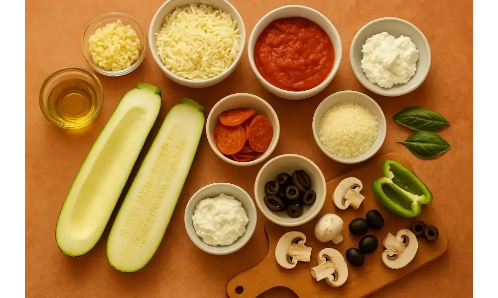 Fresh ingredients for zucchini pizza boats including zucchini, tomato sauce, mozzarella, pepperoni, mushrooms, olives, bell peppers, and herbs.
