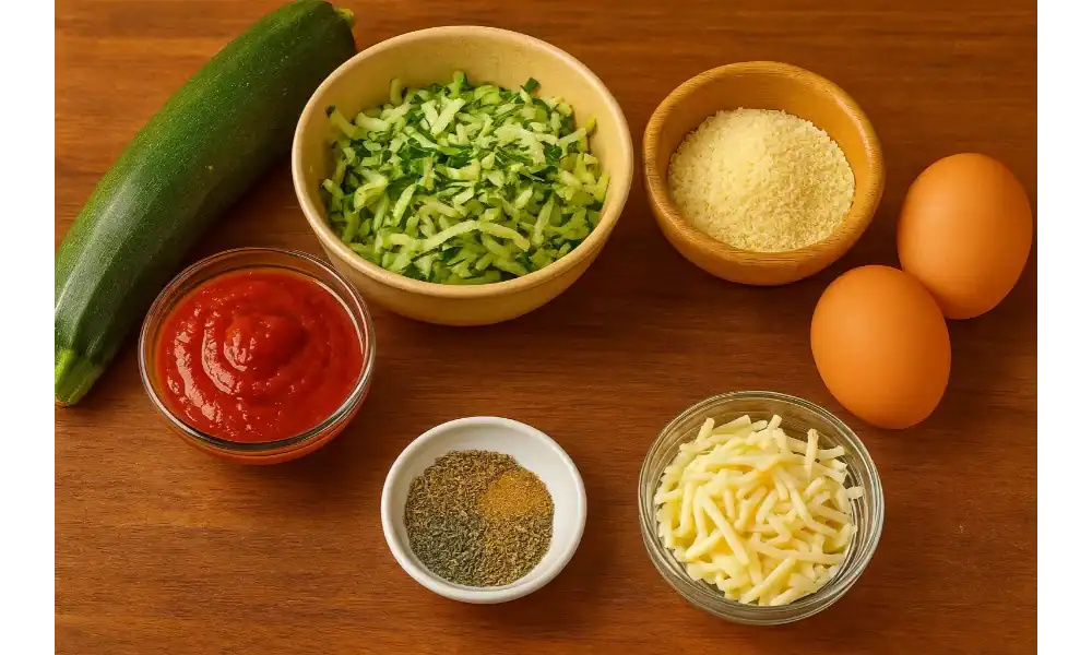 Fresh ingredients for grated zucchini pizza recipe including zucchini, cheese, eggs, sauce, and spices on a wooden table.