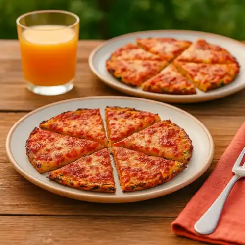 Grated zucchini pizza sliced and served on plates with orange juice on a wooden table in a summer outdoor setting.