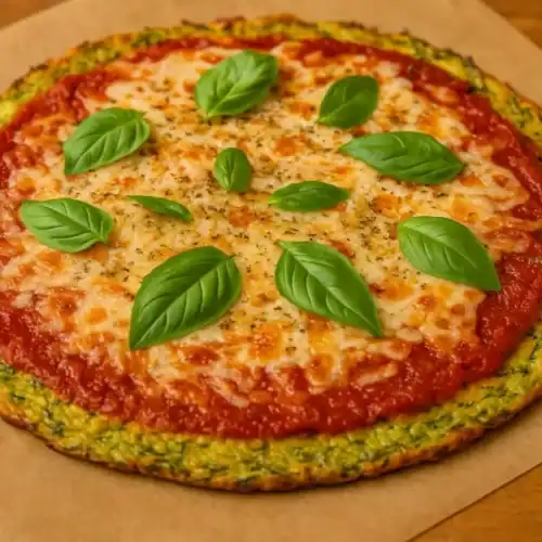 Whole grated zucchini pizza with tomato sauce, melted cheese, and fresh basil leaves on a wooden table.