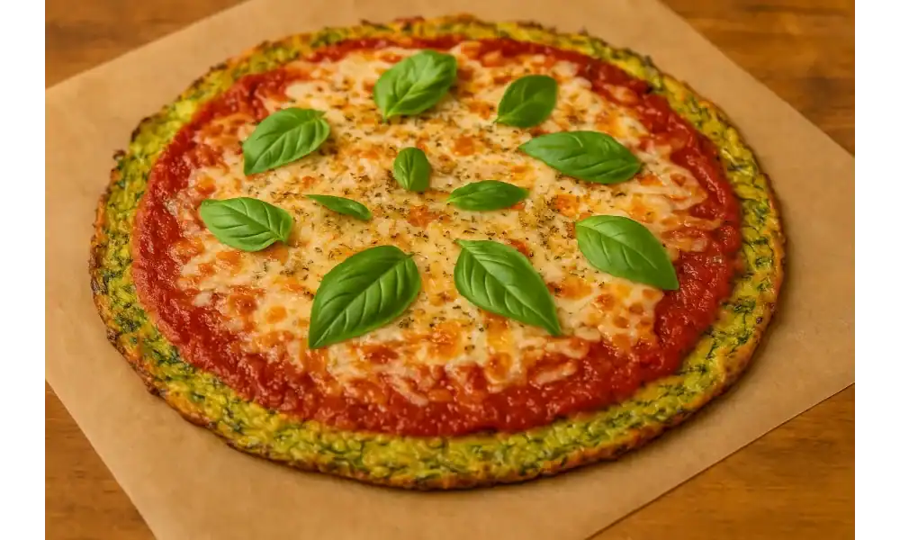 Whole grated zucchini pizza with tomato sauce, melted cheese, and fresh basil leaves on a wooden table.