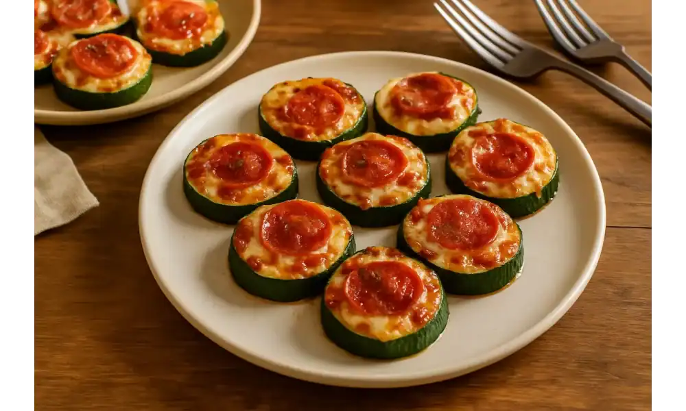 Zucchini pizza bites topped with melted cheese and pepperoni served on a dinner plate.