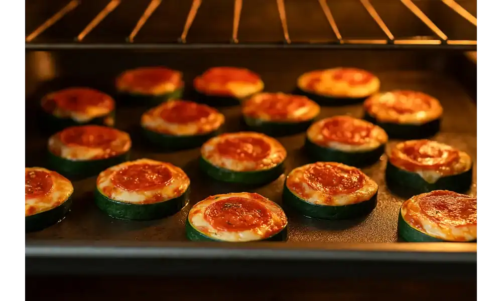 Zucchini pizza bites with melted cheese and pepperoni baking in the oven.