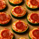 Close-up of zucchini pizza bites topped with melted cheese, tomato sauce, and pepperoni on parchment paper.