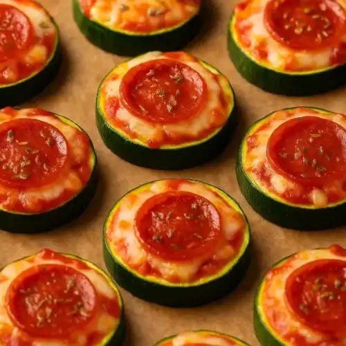 Close-up of zucchini pizza bites topped with melted cheese, tomato sauce, and pepperoni on parchment paper.