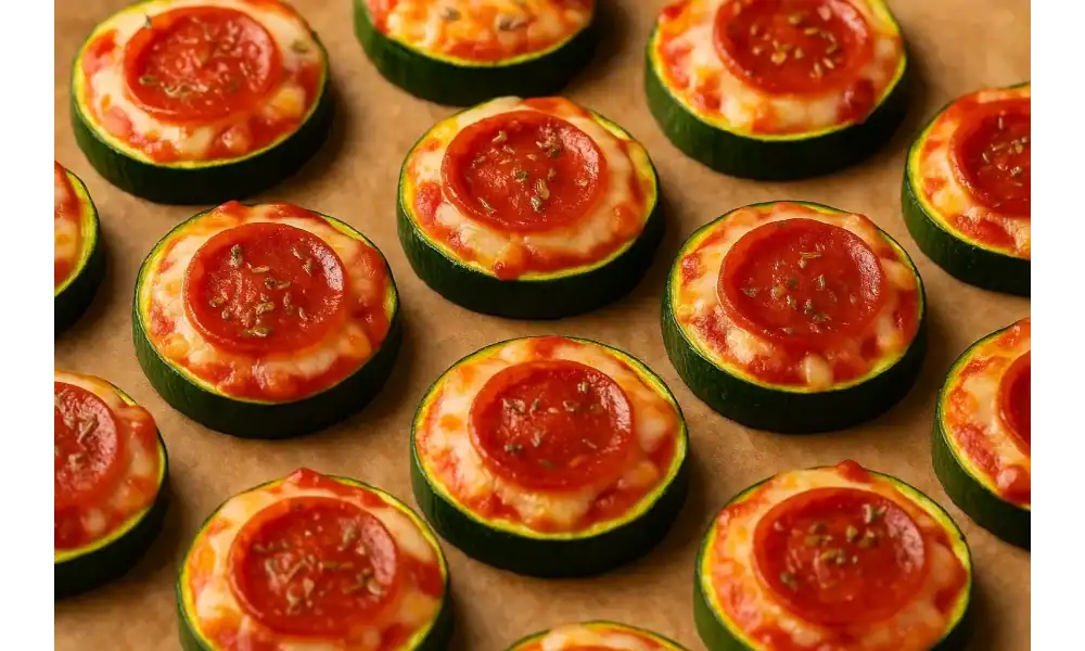 Close-up of zucchini pizza bites topped with melted cheese, tomato sauce, and pepperoni on parchment paper.