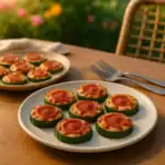 Zucchini pizza bites served on plates outdoors in a summer setting with warm lighting.