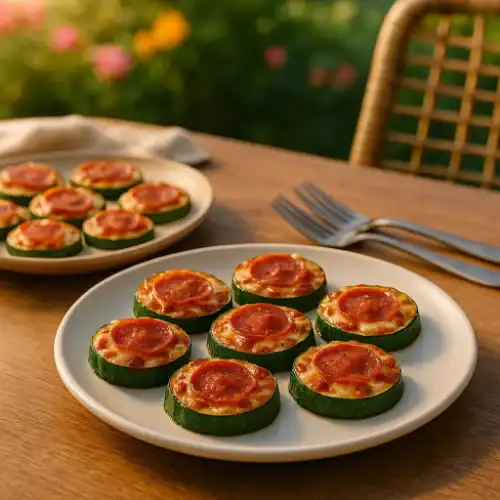 Zucchini pizza bites served on plates outdoors in a summer setting with warm lighting.