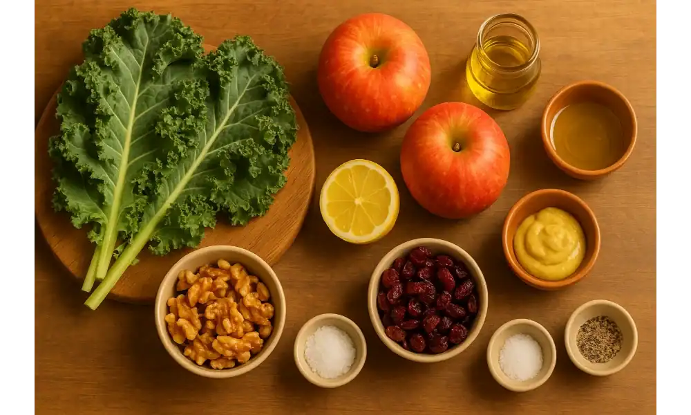 Ingredients for kale apple walnut cranberry salad — fresh kale leaves, apples, lemon, walnuts, dried cranberries, Dijon mustard, olive oil, maple syrup, salt, and pepper arranged on a wooden surface.