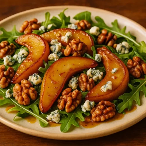 A plate of warm caramelised pear and blue cheese salad with toasted walnuts and arugula, drizzled with honey balsamic dressing.