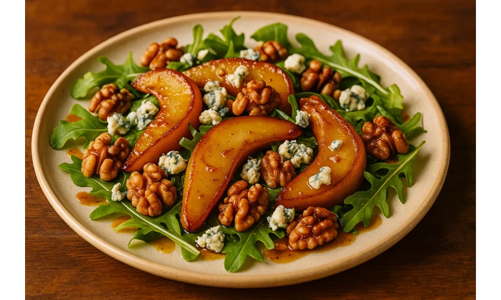 A plate of warm caramelised pear and blue cheese salad with toasted walnuts and arugula, drizzled with honey balsamic dressing.