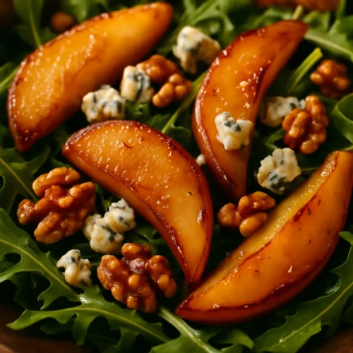 Close-up of warm caramelised pear and blue cheese salad with toasted walnuts and arugula leaves, glistening under soft light.