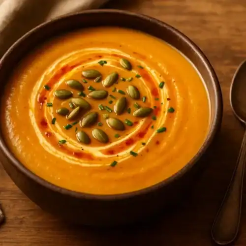 A warm bowl of creamy pumpkin purée soup topped with pumpkin seeds, chili oil, and chopped chives, served on a rustic wooden table beside a spoon and beige linen napkin.