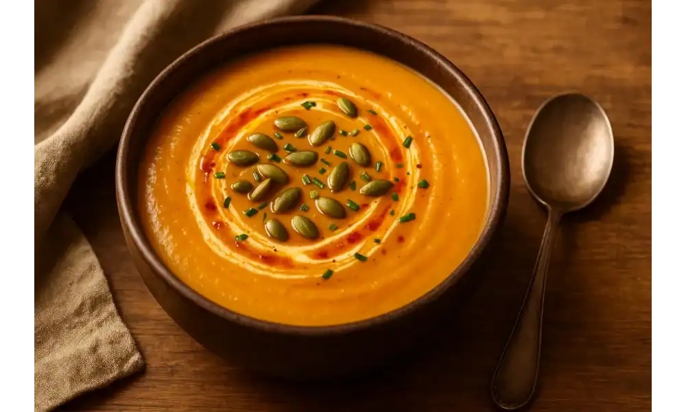 A warm bowl of creamy pumpkin purée soup topped with pumpkin seeds, chili oil, and chopped chives, served on a rustic wooden table beside a spoon and beige linen napkin.
