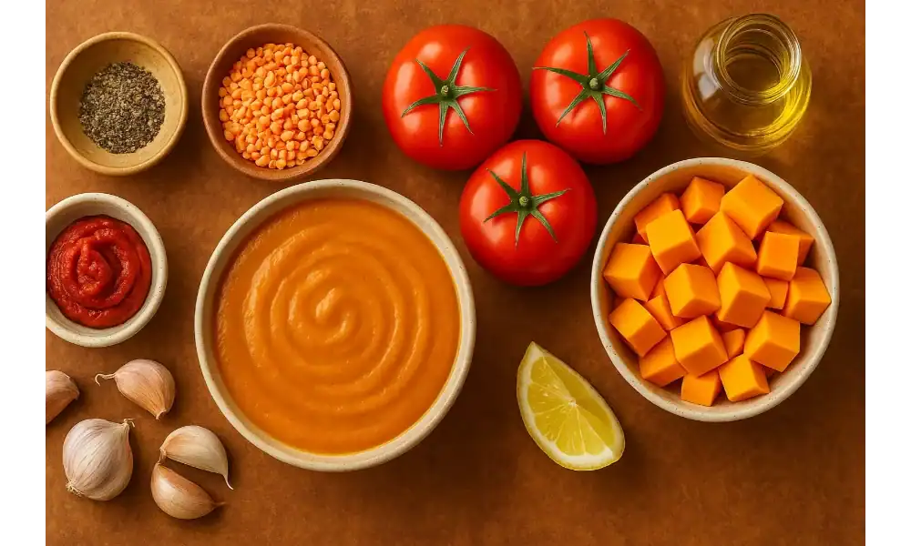 Ingredients for classic pumpkin purée soup — diced pumpkin, tomatoes, garlic, olive oil, lemon, lentils, tomato paste, and black pepper arranged neatly on a warm brown surface.