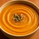 Close-up of creamy pumpkin purée soup topped with toasted pumpkin seeds and black pepper in a ceramic bowl with warm lighting.