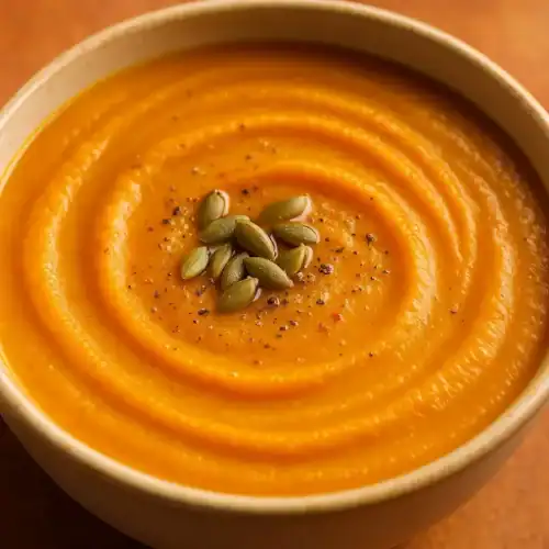 Close-up of creamy pumpkin purée soup topped with toasted pumpkin seeds and black pepper in a ceramic bowl with warm lighting.