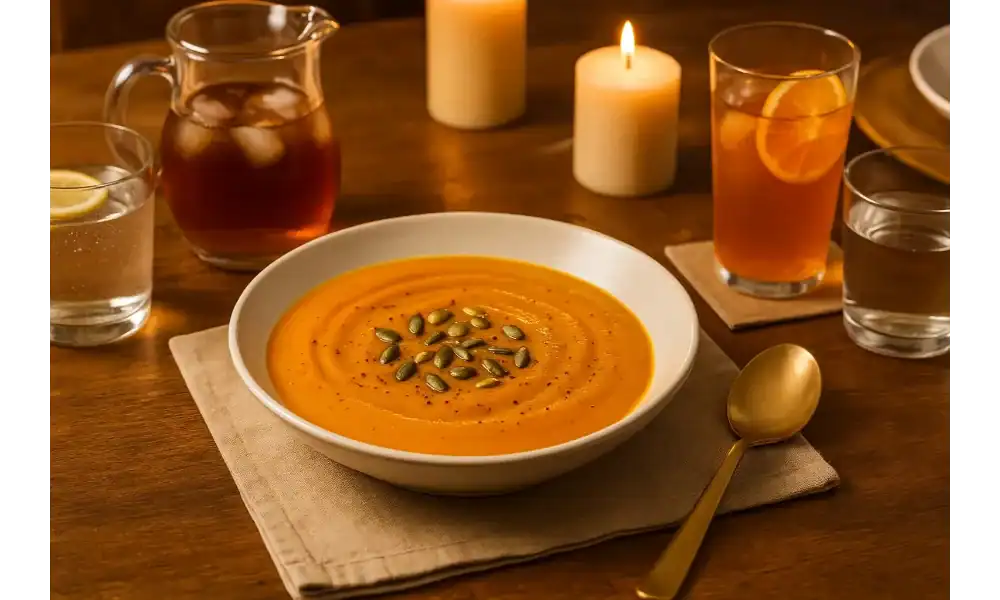 A warm dinner table setting featuring a bowl of creamy pumpkin purée soup topped with pumpkin seeds, surrounded by non-alcoholic drinks and soft candlelight.
