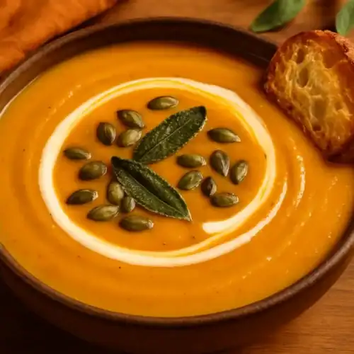 A warm bowl of creamy pumpkin soup topped with pumpkin seeds, crispy sage leaves, and a swirl of cream, served with a slice of toasted bread on a wooden table.