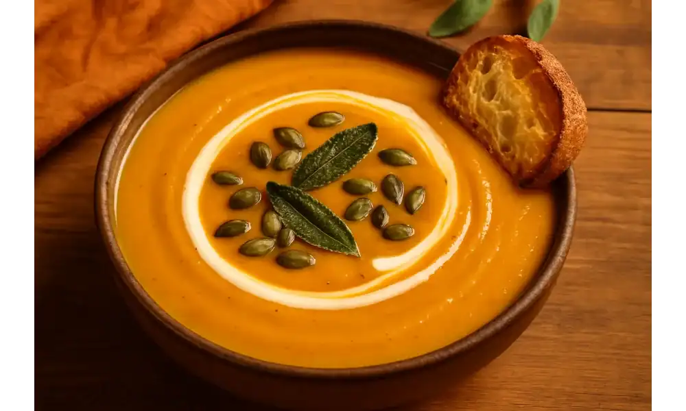 A warm bowl of creamy pumpkin soup topped with pumpkin seeds, crispy sage leaves, and a swirl of cream, served with a slice of toasted bread on a wooden table.