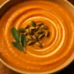 Close-up of creamy pumpkin soup topped with pumpkin seeds and fresh sage leaves in a warm beige bowl.