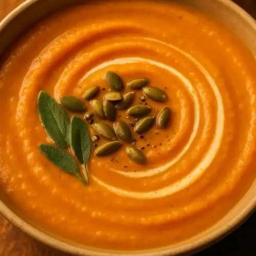 Close-up of creamy pumpkin soup topped with pumpkin seeds and fresh sage leaves in a warm beige bowl.
