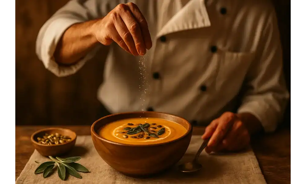 Chef seasoning a bowl of creamy pumpkin soup topped with sage leaves and pumpkin seeds in a rustic kitchen setting.