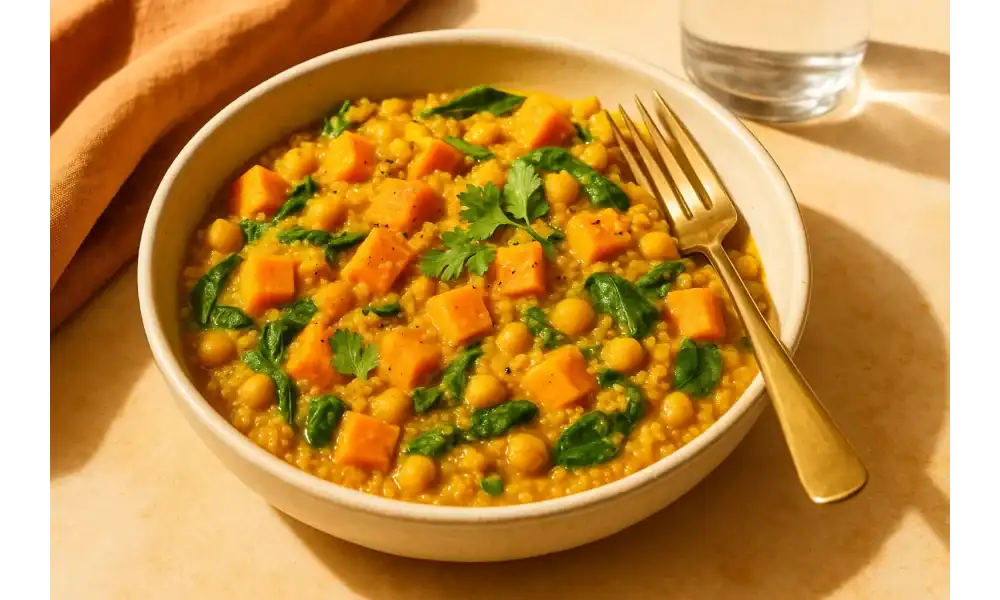 A warm, golden bowl of curried sweet potato quinoa topped with fresh spinach, chickpeas, and cilantro, served with a gold fork on a beige table.