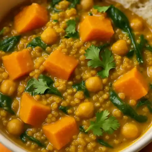 Close-up of curried sweet potato quinoa with chickpeas, spinach, and cilantro in a creamy golden curry sauce.