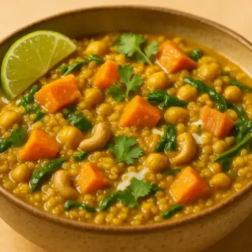 Warm bowl of curried sweet potato quinoa with chickpeas, spinach, and toasted cashews, garnished with cilantro and a lime wedge in a golden coconut curry.