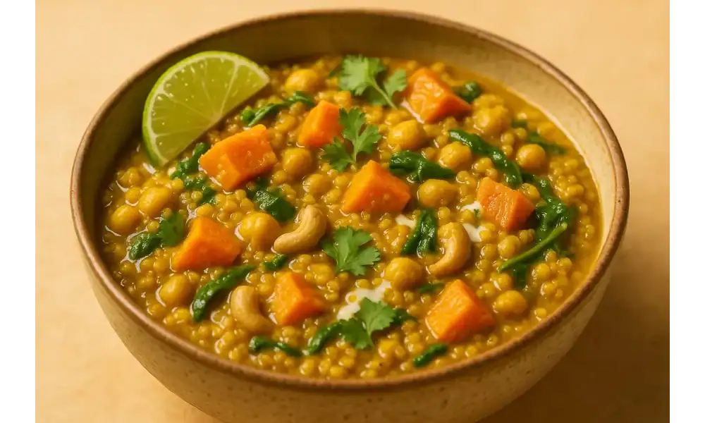 Warm bowl of curried sweet potato quinoa with chickpeas, spinach, and toasted cashews, garnished with cilantro and a lime wedge in a golden coconut curry.