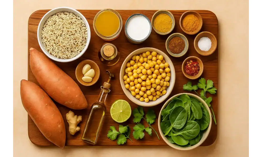 Overhead shot of sweet potato quinoa curry ingredients—sweet potatoes, quinoa, chickpeas, spinach, coconut milk, broth, spices, garlic, ginger, lime, cilantro, and olive oil—on a wooden board.