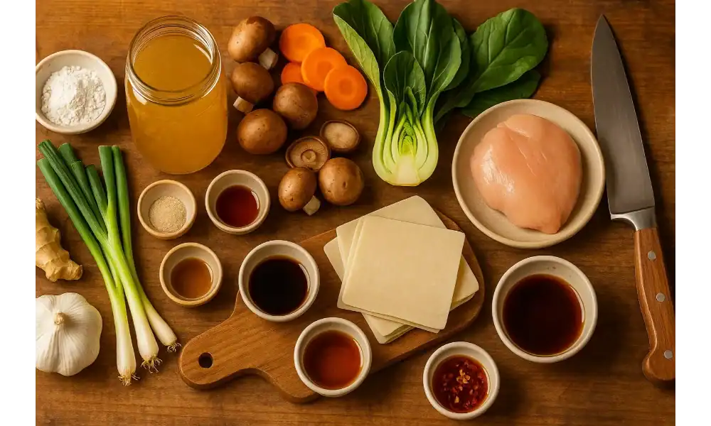 Overhead photo of dumpling soup ingredients on a wooden board: jar of chicken broth, chicken breast, bok choy, mushrooms, carrot coins, scallions, ginger, garlic, flour, dumpling wrappers, small bowls of soy sauce, rice vinegar, sesame oil, chili flakes, and a chef’s knife.