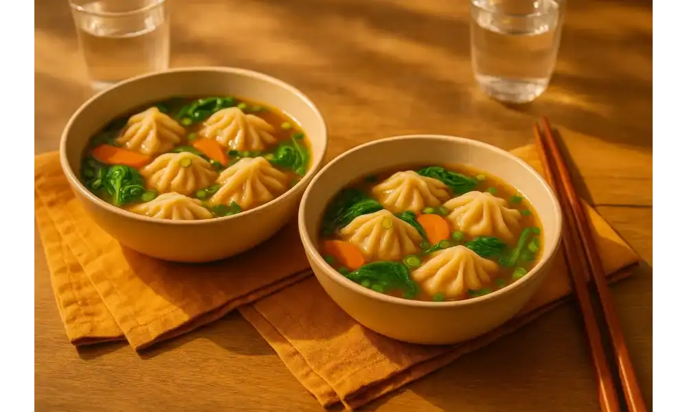 Two warm bowls of dumpling soup on orange napkins with chopsticks—golden broth, pleated dumplings, spinach, carrots, scallions—sunlit lunch setting with water glasses.