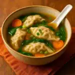 Close-up of a bowl of dumpling soup with golden broth, four dumplings, carrots, spinach, and scallions, served with a white ceramic spoon.