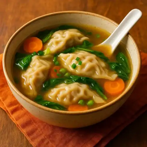 Close-up of a bowl of dumpling soup with golden broth, four dumplings, carrots, spinach, and scallions, served with a white ceramic spoon.