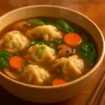 A warm bowl of dumpling soup with golden broth, dumplings, carrots, mushrooms, spinach, and scallions, served with wooden chopsticks on the side.