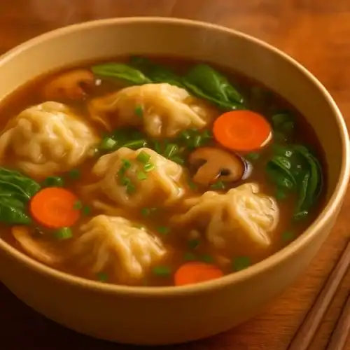 A warm bowl of dumpling soup with golden broth, dumplings, carrots, mushrooms, spinach, and scallions, served with wooden chopsticks on the side.