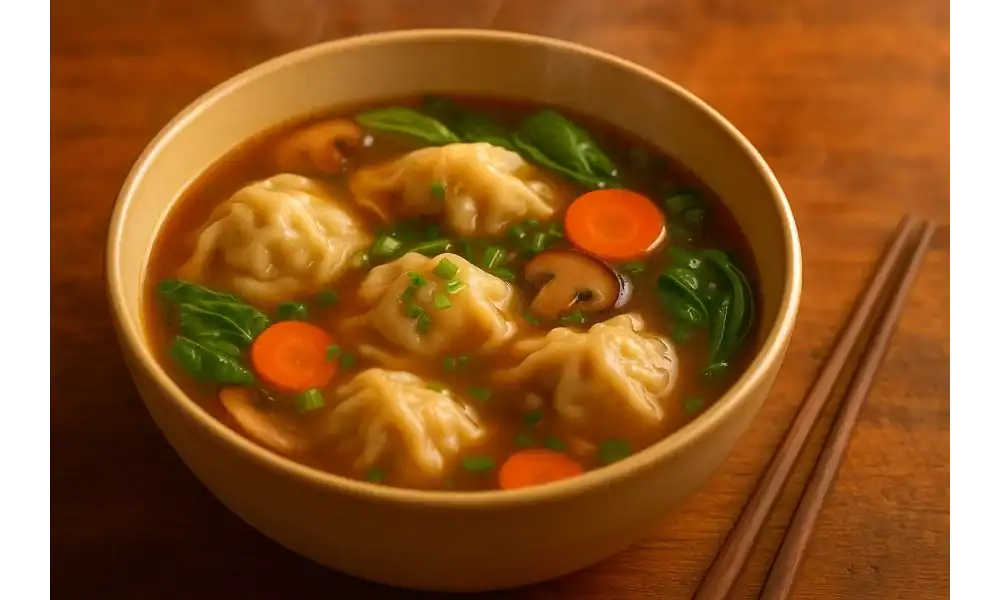 A warm bowl of dumpling soup with golden broth, dumplings, carrots, mushrooms, spinach, and scallions, served with wooden chopsticks on the side.
