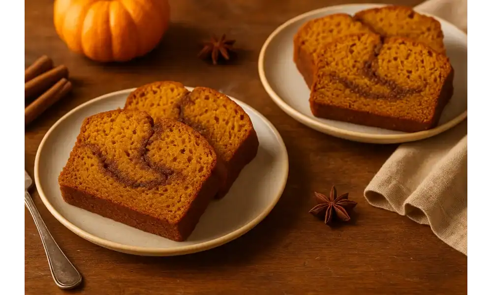 Two plates with slices of pumpkin bread with a cinnamon swirl, placed on a wooden table with pumpkins, star anise, and cinnamon sticks in warm fall lighting.