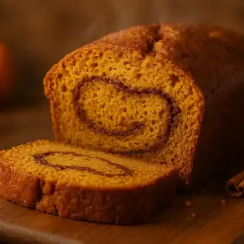 Freshly baked pumpkin bread loaf with a visible cinnamon swirl, sliced on a wooden board beside cinnamon sticks and pumpkins in warm fall lighting.