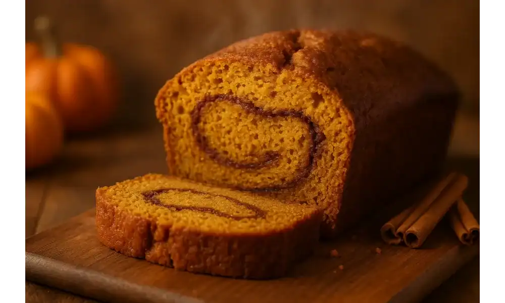 Freshly baked pumpkin bread loaf with a visible cinnamon swirl, sliced on a wooden board beside cinnamon sticks and pumpkins in warm fall lighting.