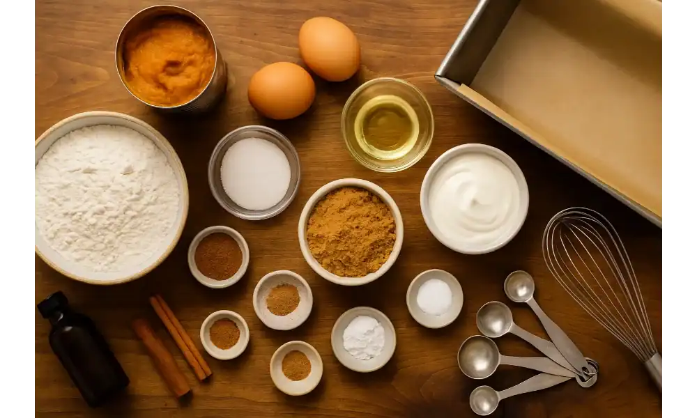 Overhead shot of pumpkin bread ingredients neatly arranged on a wooden surface, including pumpkin purée, eggs, flour, sugar, spices, oil, and yogurt beside a loaf pan and whisk.