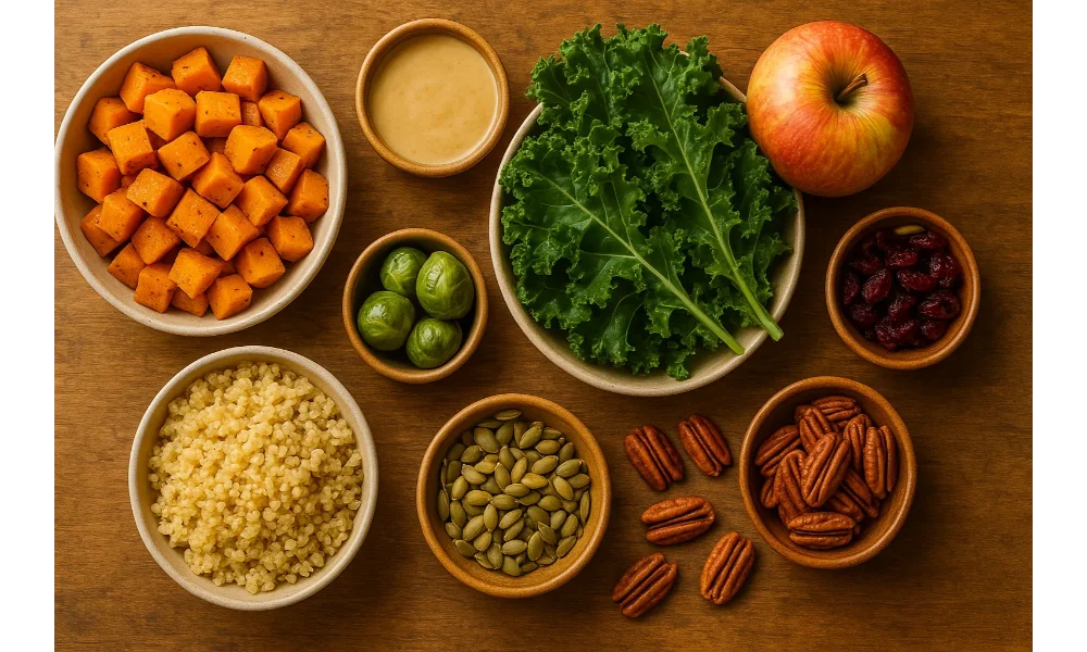 Fresh ingredients for a fall harvest grain bowl arranged on a wooden surface — quinoa, roasted sweet potatoes, kale, Brussels sprouts, apple, cranberries, pecans, pumpkin seeds, and maple-tahini dressing.