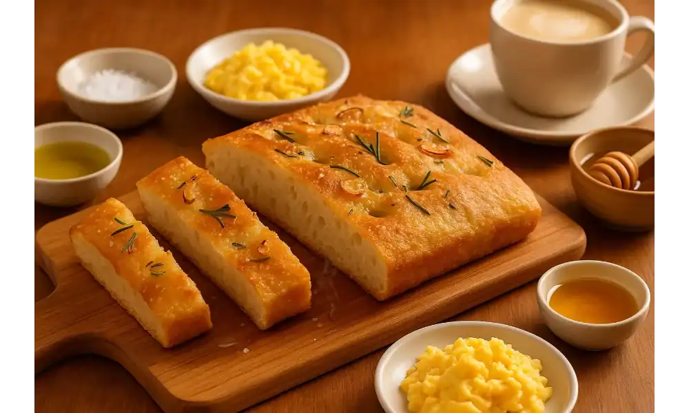 Golden garlic rosemary focaccia on a wooden board with breakfast sides—olive oil, honey, scrambled eggs, and coffee—in warm morning light.