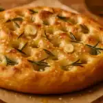 Round garlic rosemary focaccia with golden crust, deep dimples, rosemary sprigs, thin garlic slices, and flaky sea salt on parchment in warm light.