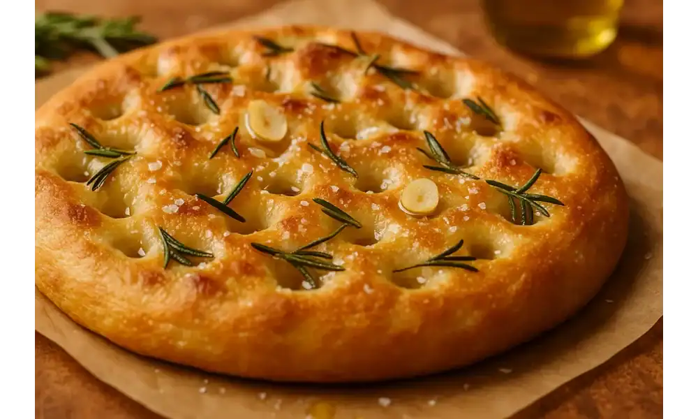 Round garlic rosemary focaccia with golden crust, deep dimples, rosemary sprigs, thin garlic slices, and flaky sea salt on parchment in warm light.