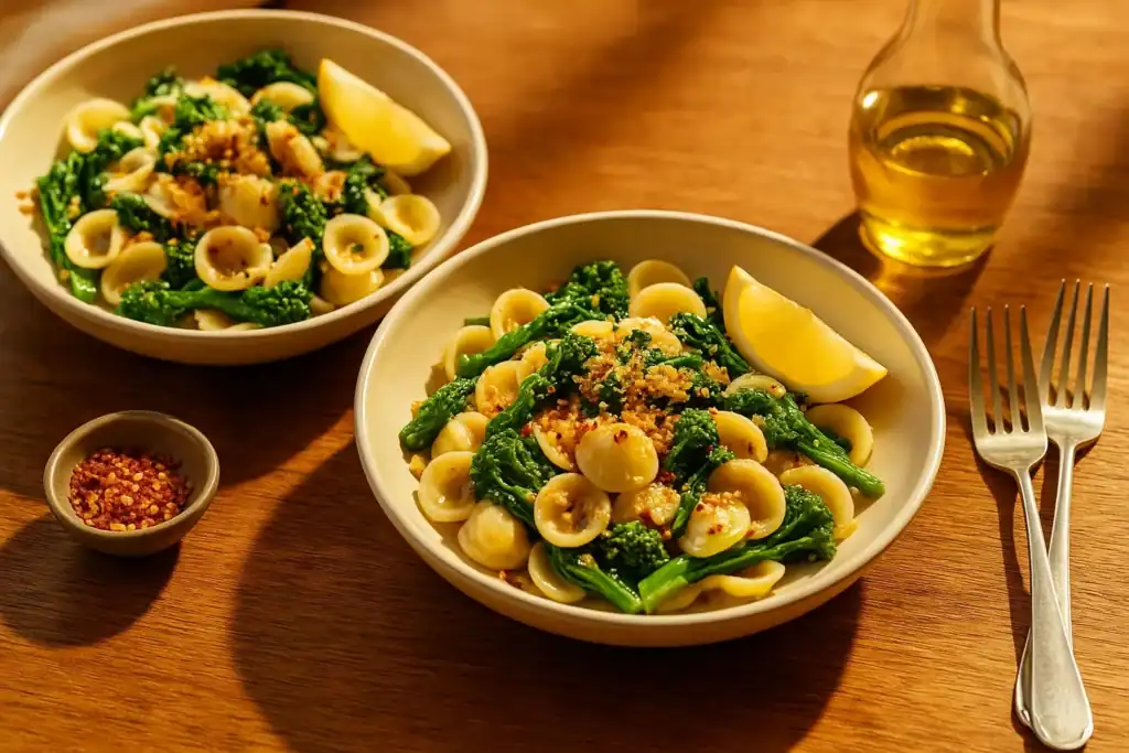 Two bowls of vegan orecchiette pasta with broccoli rabe, topped with toasted breadcrumbs and lemon wedges, served with olive oil and red pepper flakes on a wooden table under warm light.