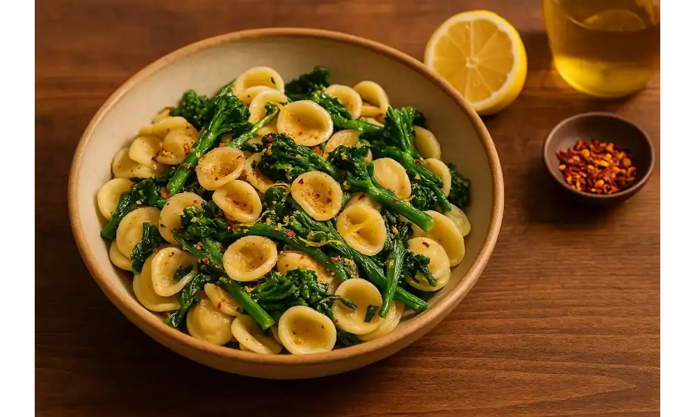 A bowl of vegan orecchiette pasta with broccoli rabe, drizzled with olive oil, and sprinkled with red pepper flakes, lemon zest, and breadcrumbs, served on a wooden table in warm light.