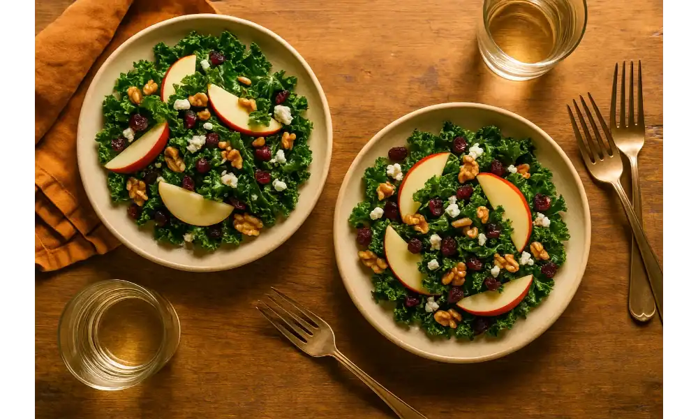 Two plates of kale apple balsamic salad with apples, walnuts, cranberries, and feta served for lunch on a wooden table with warm tones.